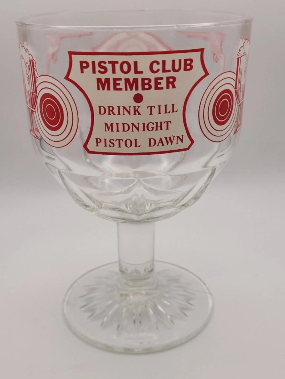 Vintage Collectible Clear Beer Drinking Goblet "Pistol Club Member" Heavy Glass